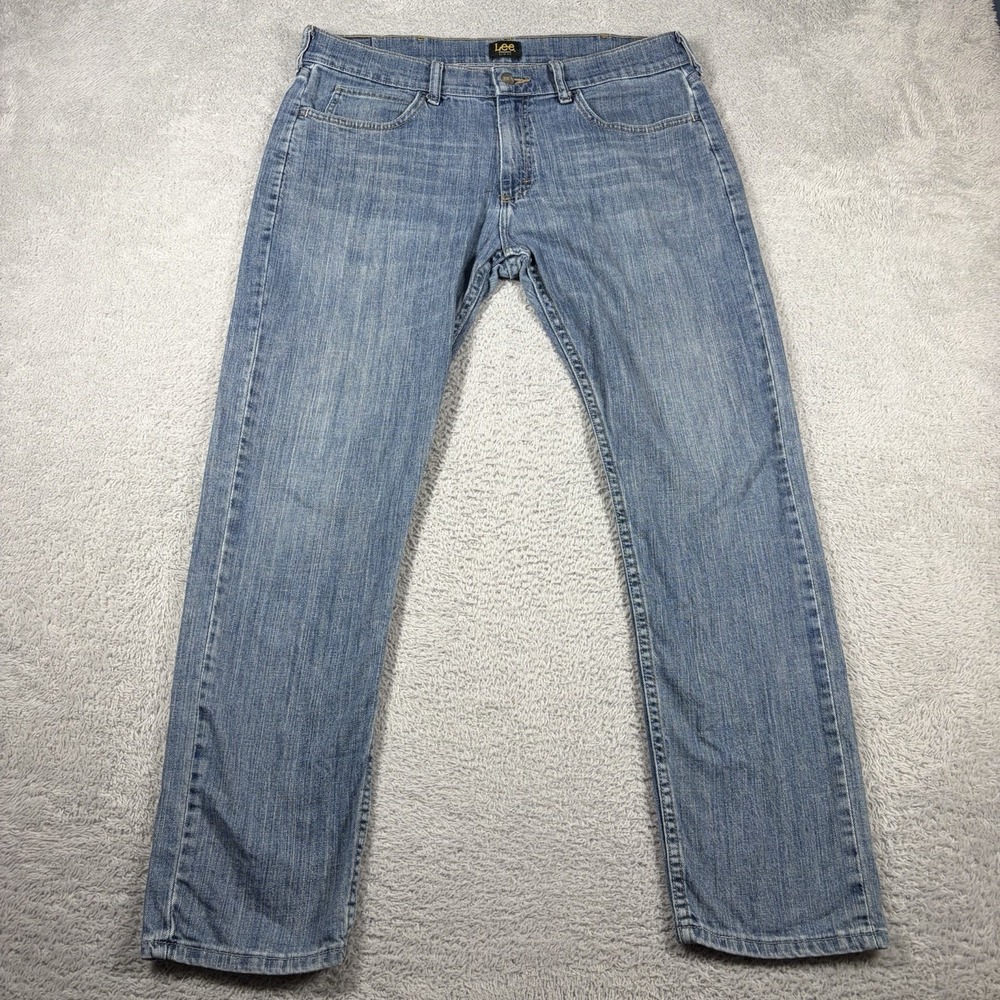 VINTAGE Lee Dungarees Jeans Slim Fit Mens 34x30 Blue Light Wash Faded Distress